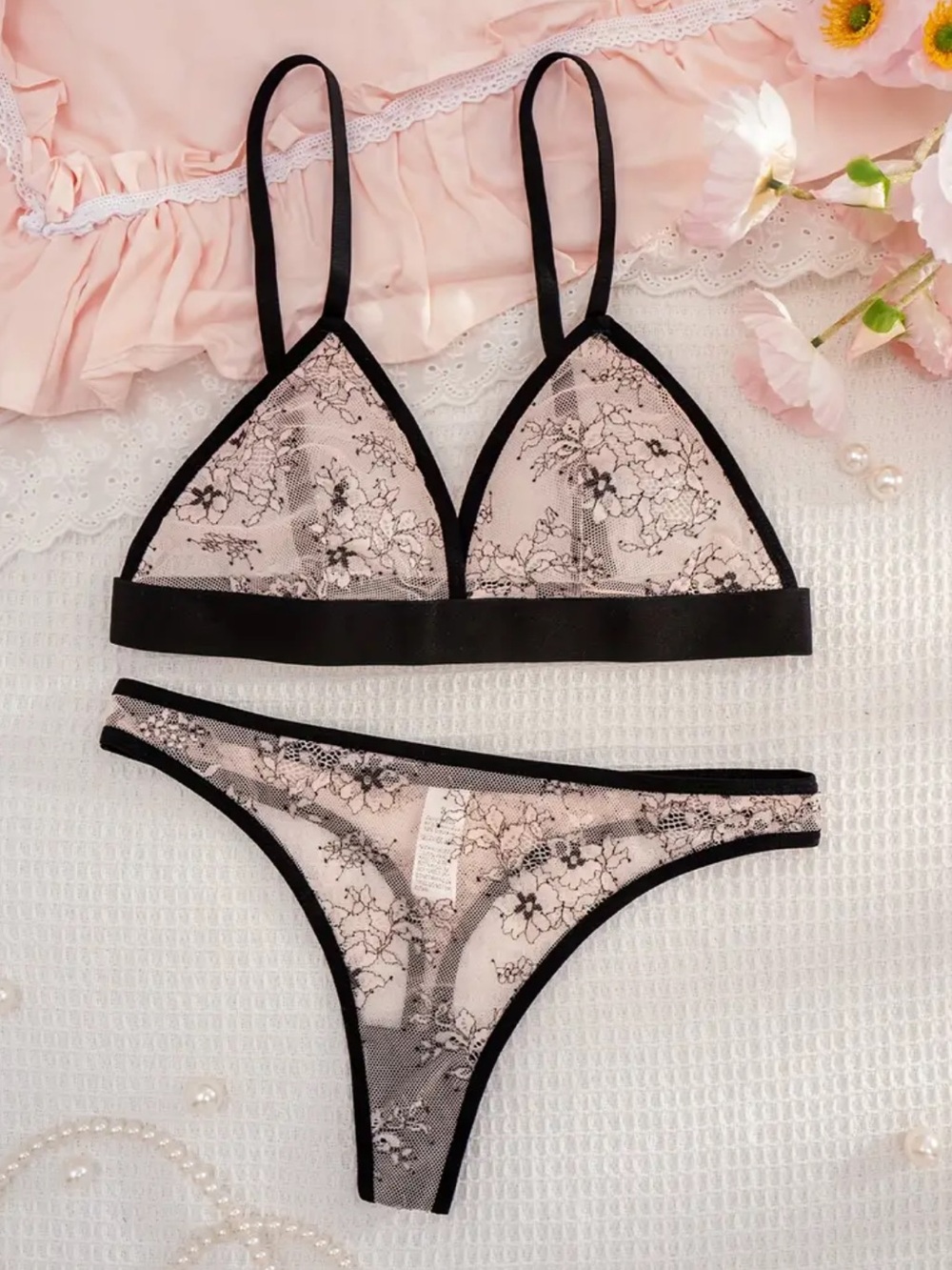 Cream & Black, Embroidered Floral, Lingerie Set